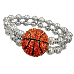 Basketball Theme Rhinestone Silver Tone Beaded Stretch Bracelet